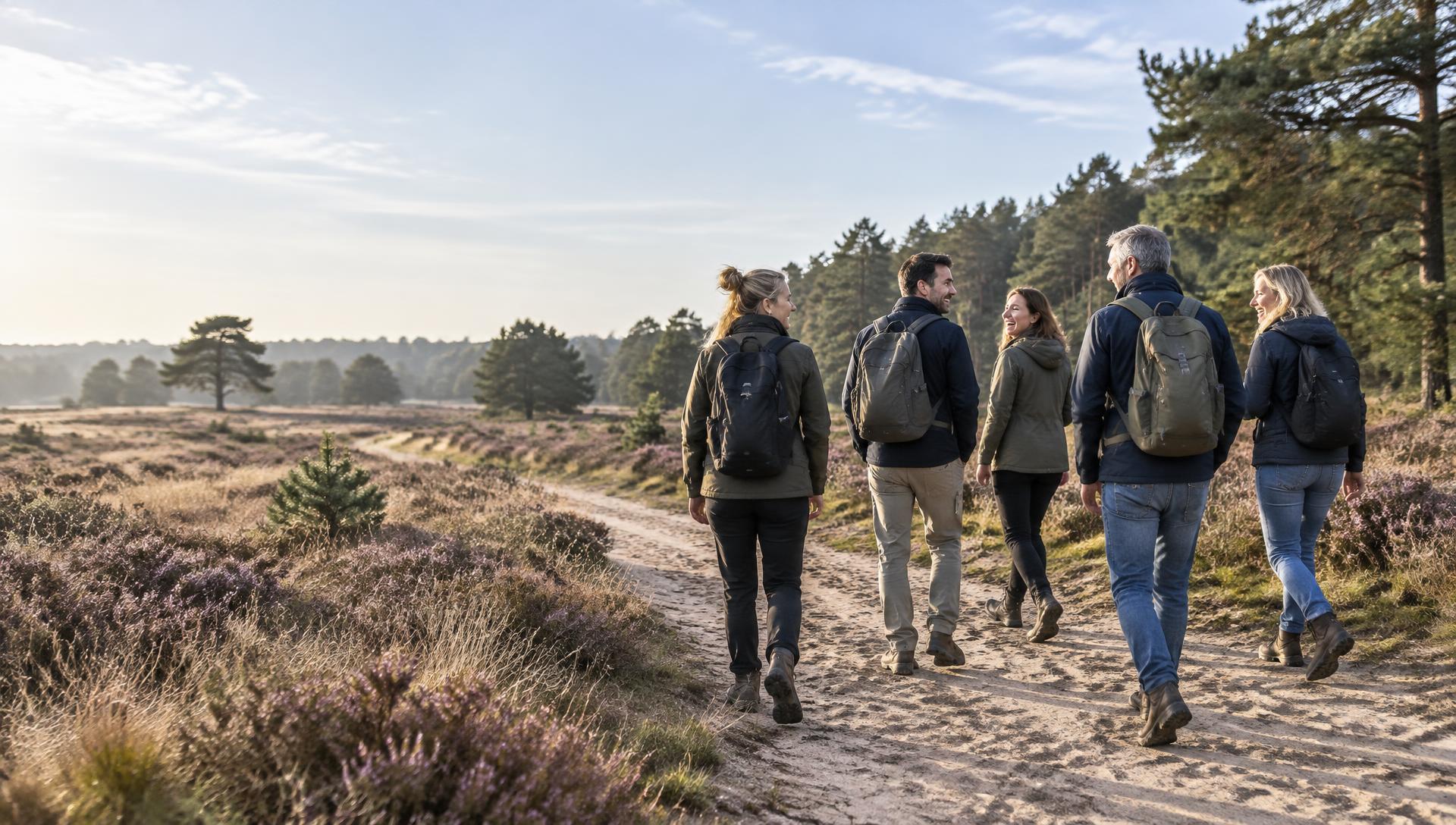 Een groep mensen loopt pratend en lachend over een zandpad door de heide